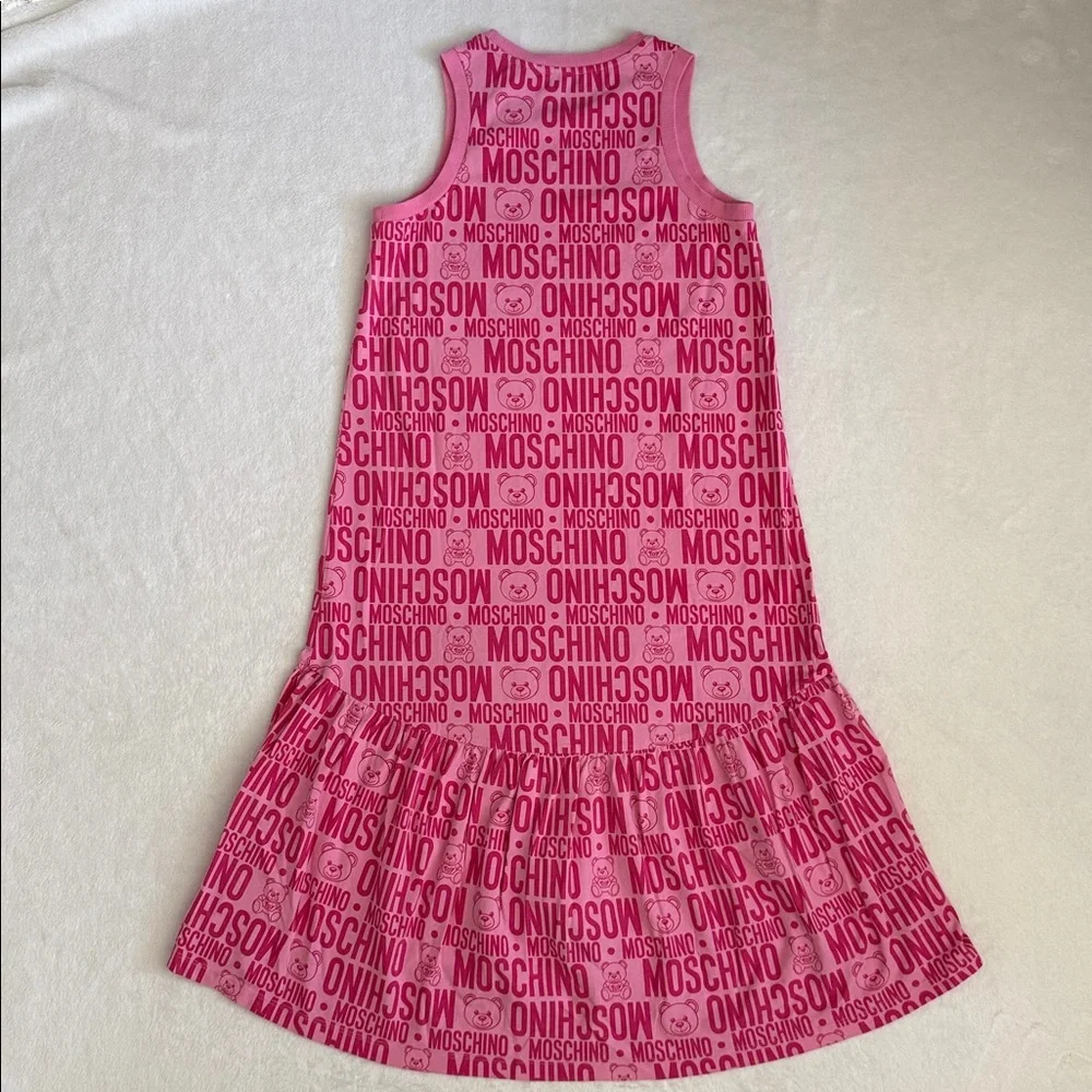 Moschino Teen | 2020 Teddy Bear Allover Logo Drop Waist High Low Dress Pink 14 - Picture 10 of 15
